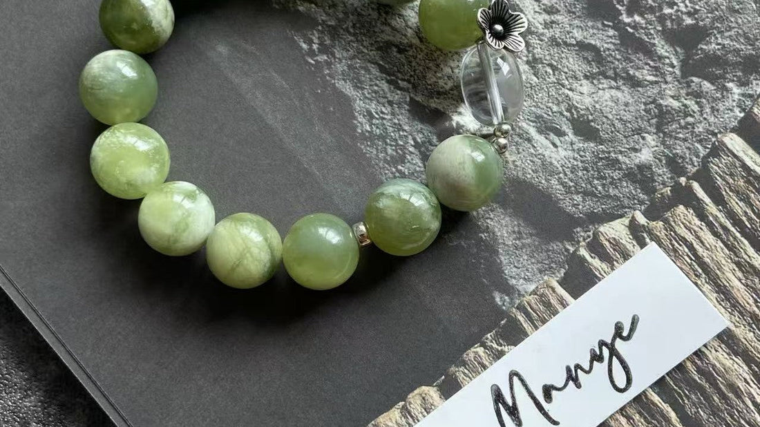 Jade Milk Tea handmade Xiuyu jade bracelet with soft green beads and clear quartz accents