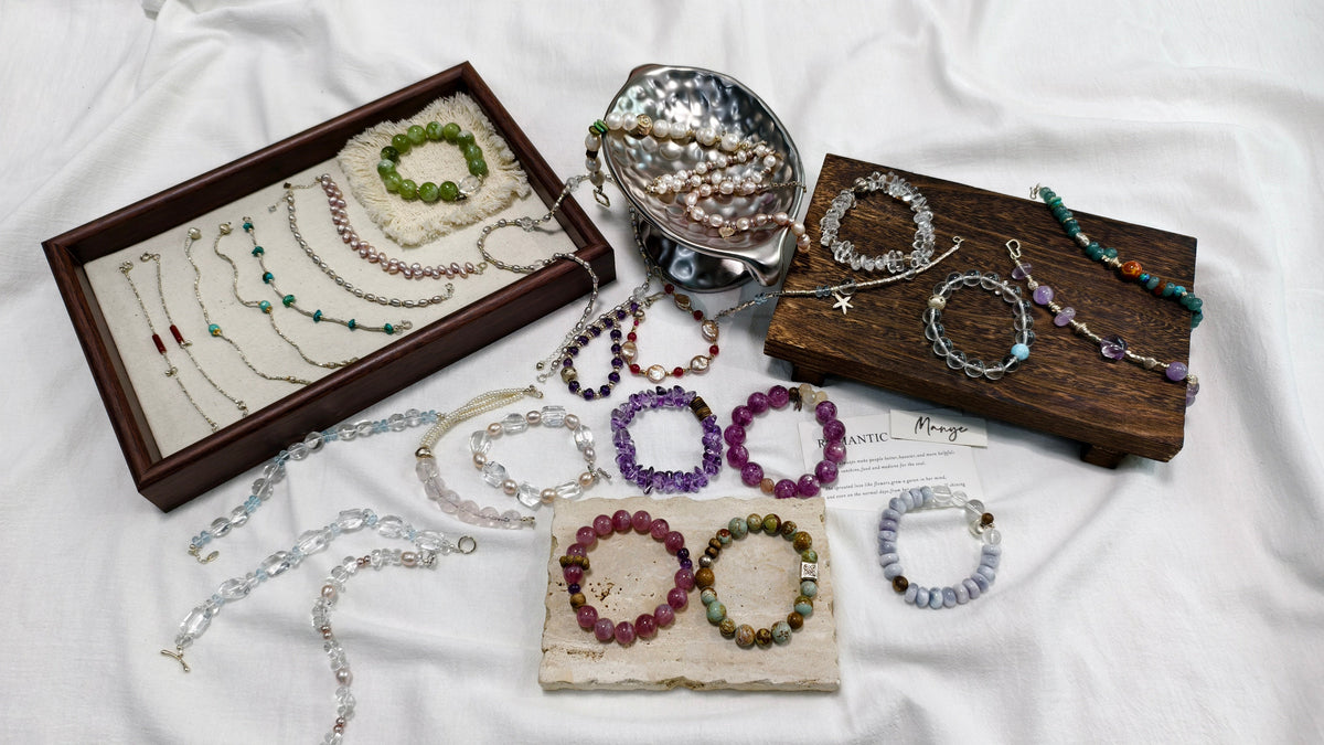 Assorted handmade bracelets styled together for bracelet stacking inspiration