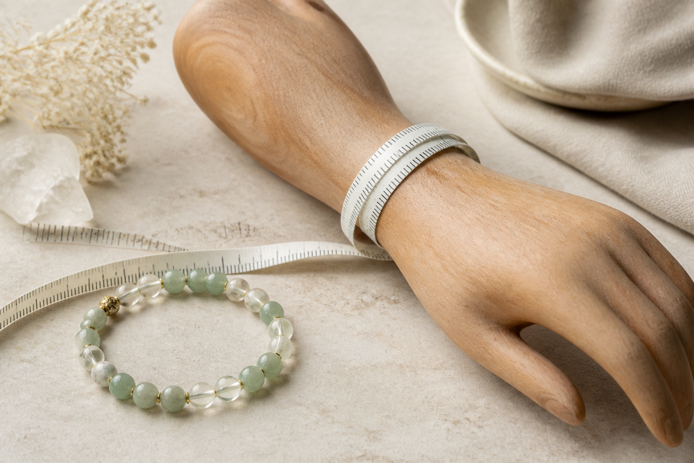 Flexible measuring tape on a wooden hand form beside a natural gemstone bracelet for wrist sizing