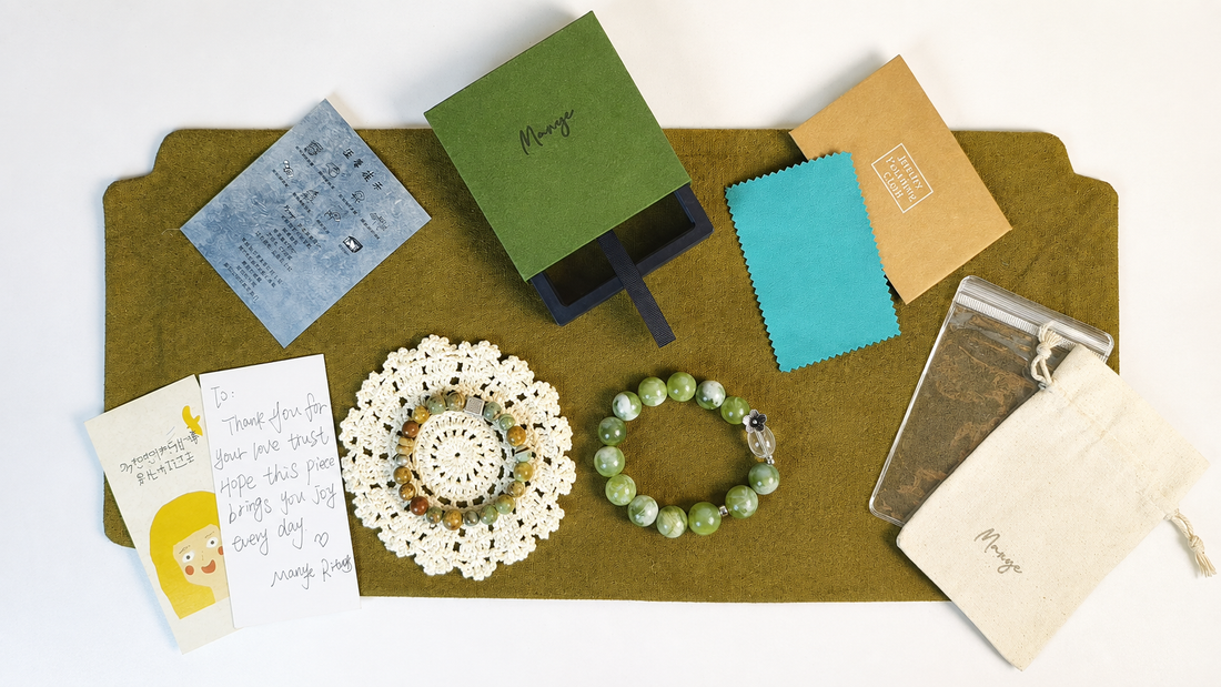 Manye Rituals order packaging with Whispering Canyon and Jade Milk Tea bracelets
