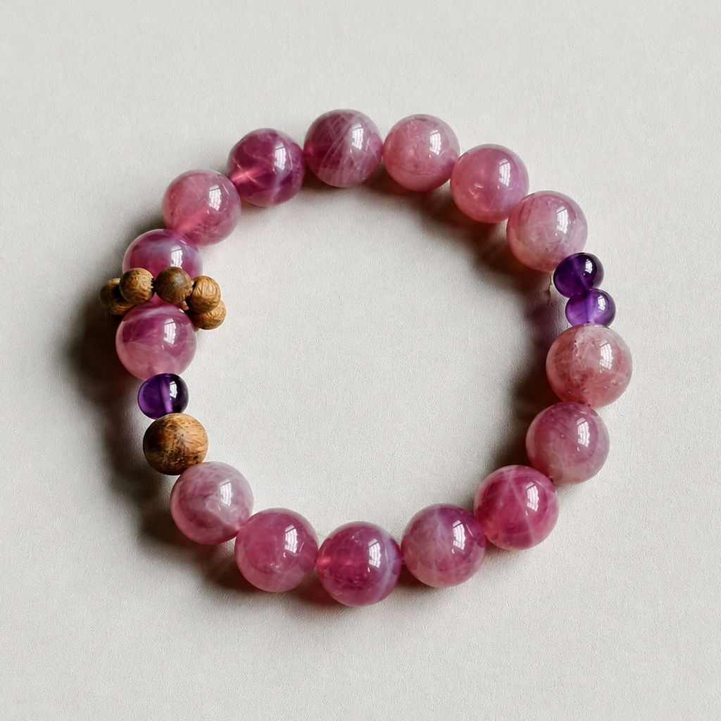 Handmade rose quartz crystal bracelet on a neutral background