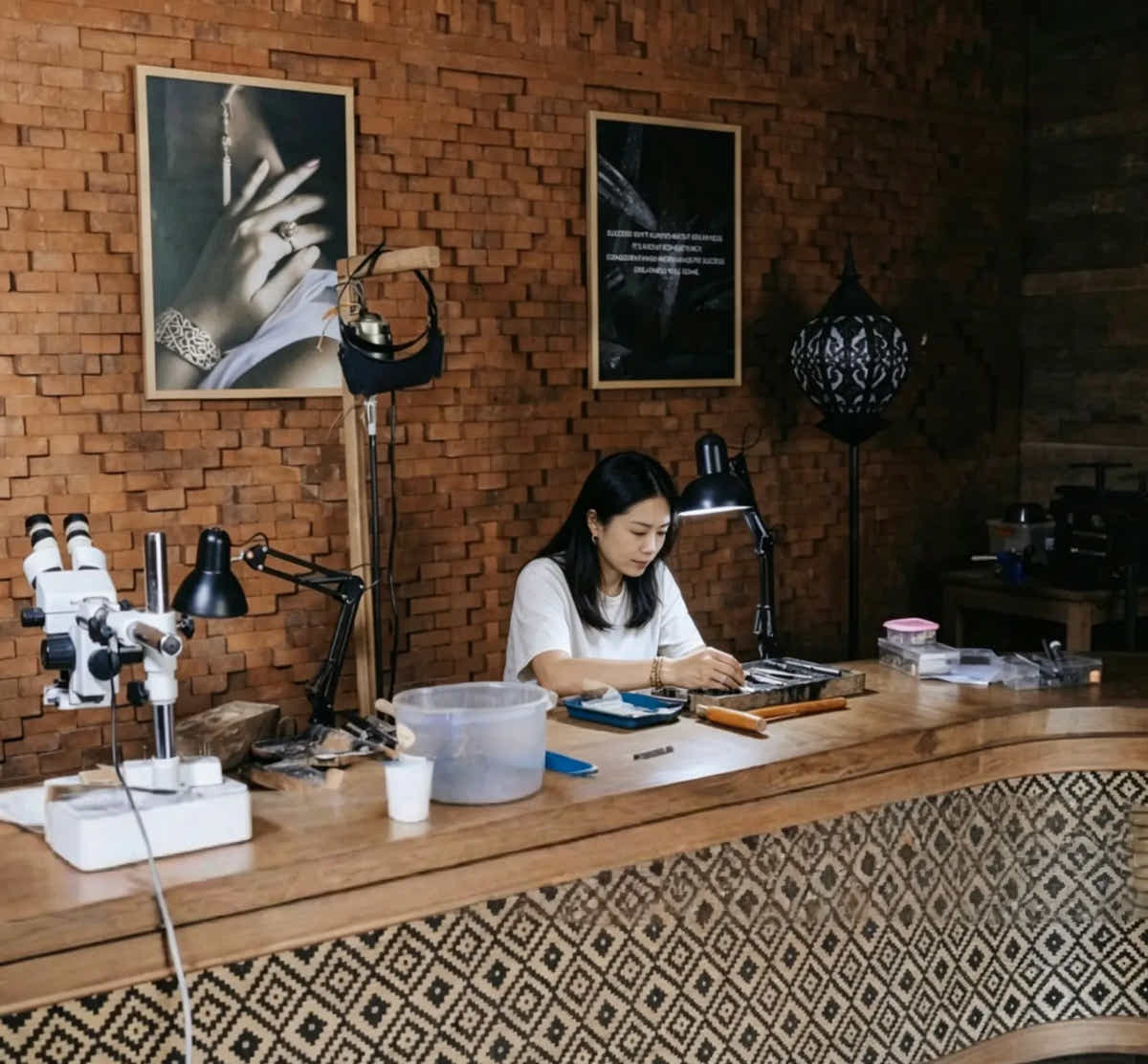 Jewelry artisan working at a craft table in a handmade jewelry studio