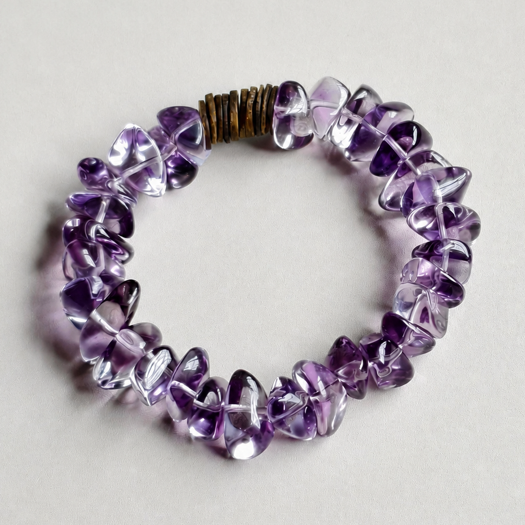 Handmade purple amethyst crystal bracelet with agarwood accents