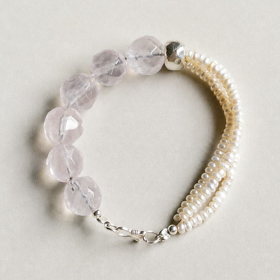 Handmade rose quartz and freshwater pearl bracelet