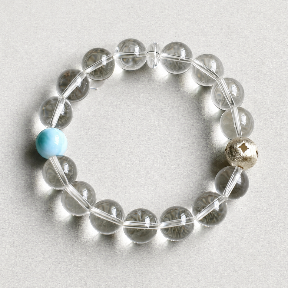 Handmade larimar and clear quartz bracelet with silver accent