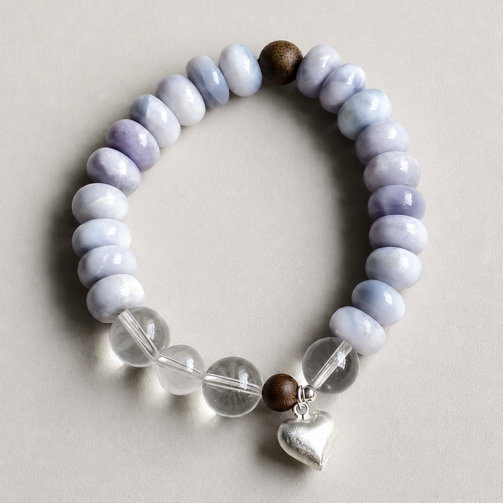 Handmade purple chalcedony and clear quartz bracelet with silver heart charm