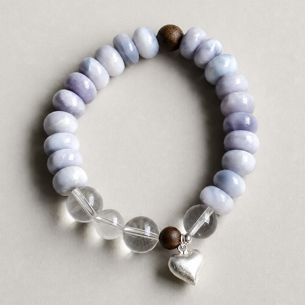 Handmade purple chalcedony and clear quartz bracelet with silver heart charm