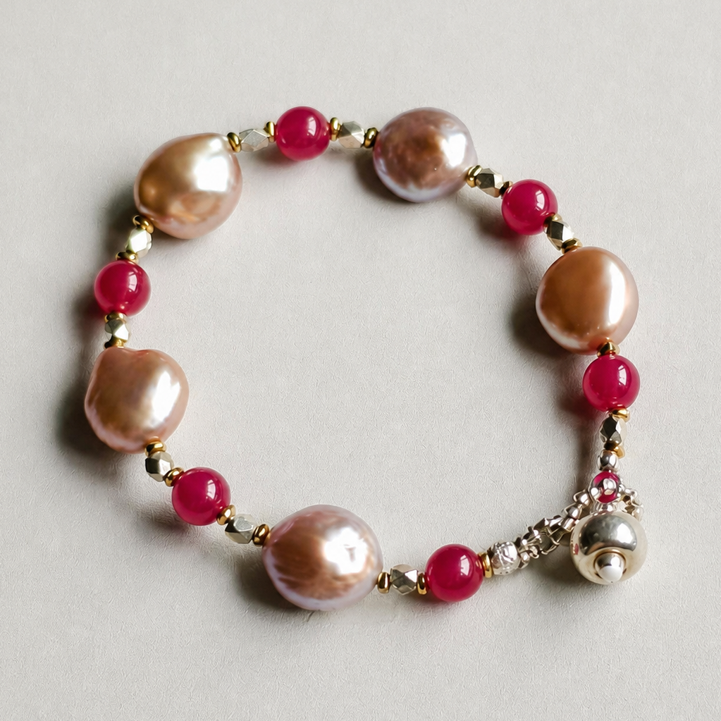 Handmade baroque pearl and red corundum bracelet with silver accents