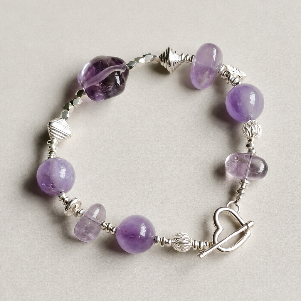 Handmade amethyst bracelet with sterling silver heart toggle clasp