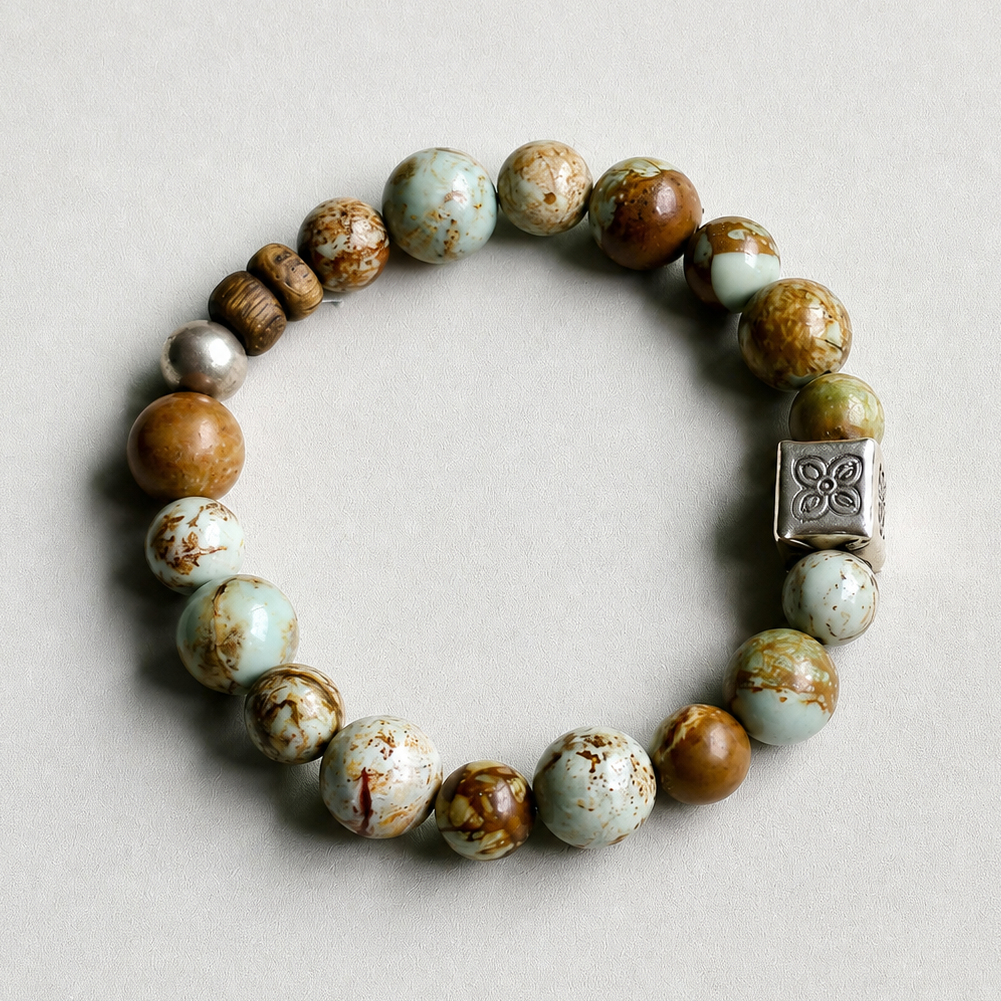 Whispering Canyon handmade picture jasper bracelet with agarwood and a sterling silver accent