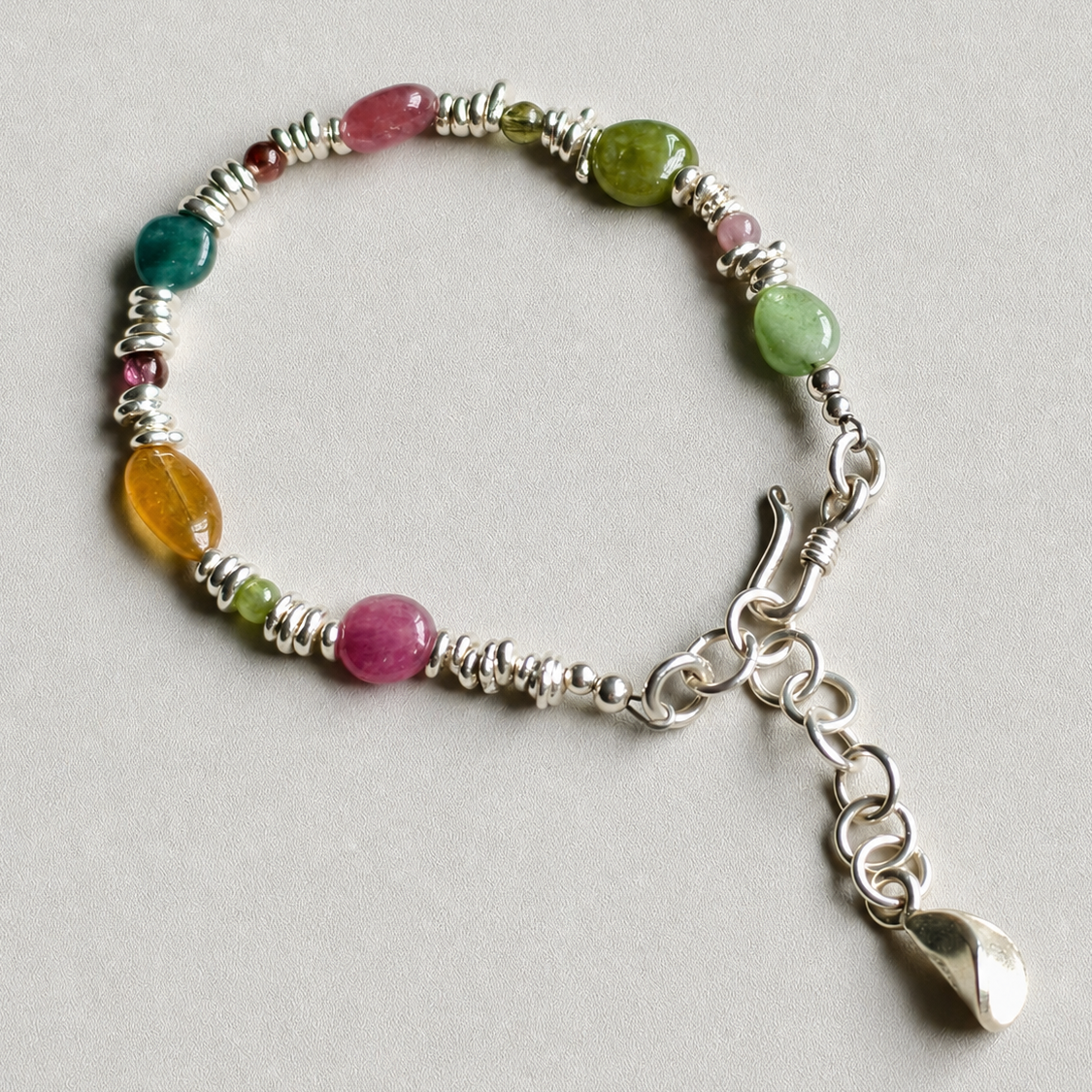 Handmade multicolor tourmaline bracelet with sterling silver accents